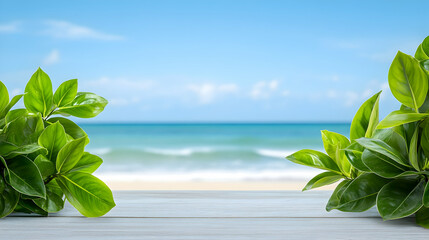 Wall Mural - fresh green leaves on a white wooden surface overlooking a tranquil ocean