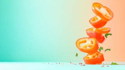 Poster - surreal rendering of sliced bell peppers spiraling upwards with vibrant gradient background and generous copy space