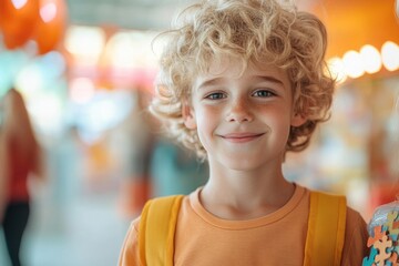 Poster - toy store consultant assisting child in finding right puzzle with bright displays blurred in background and ample copy