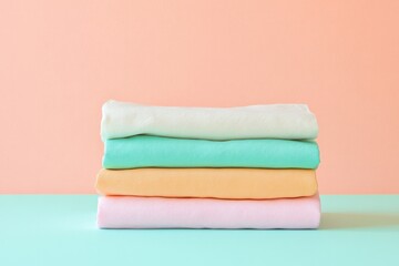 Poster - vibrant close-up of folded linens in pastel shades arranged neatly on table with soft lighting and wide copy space