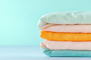 Poster - vibrant close-up of folded linens in pastel shades arranged neatly on table with soft lighting and wide copy space