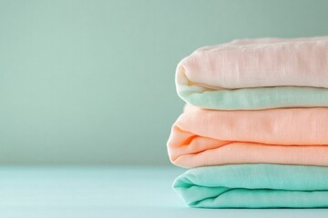 Poster - vibrant close-up of folded linens in pastel shades arranged neatly on table with soft lighting and wide copy space