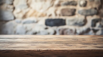 Poster - Richly textured brown wooden table stands empty, illuminated by soft light, set against an aged stone wall that adds warmth and charm to the rustic ambiance