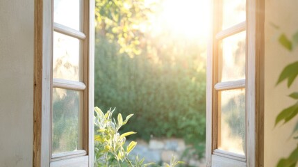 Aufkleber - open casement window revealing tranquil garden soft sunlight highlighting rustic charm of frame