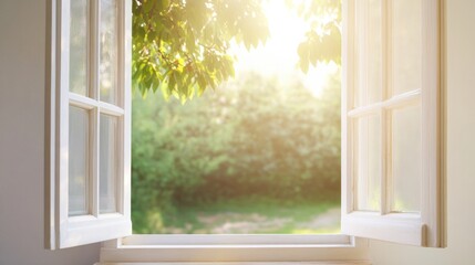 Poster - open casement window revealing tranquil garden soft sunlight highlighting rustic charm of frame