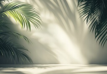 Poster - Serene Indoor Space with Soft Light and Shadow Play from Tropical Leaves on a Minimalist Wall Background for Tranquil Ambiance and Relaxation
