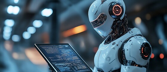 Poster - Futuristic robot reviewing data on a tablet