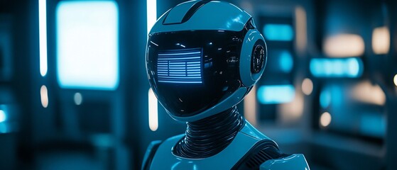 Poster - Futuristic robot with glowing visor in a tech environment