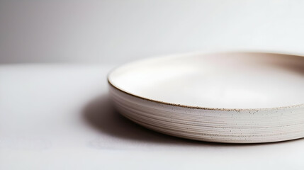 Poster - Large Round White Speckled Ceramic Plate on a White Background With Soft Light and Shadow