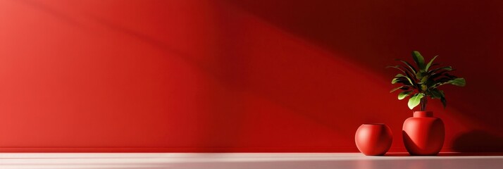 Poster - A red wall with a vase and a plant on it