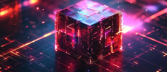 Poster - Glowing cube on circuit board, vibrant red & blue hues