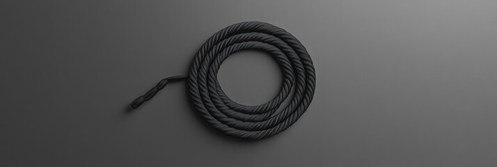 Poster - Neatly coiled black jump rope resting on a smooth grey surface in a minimalist setting with ample negative space