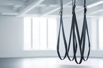Fototapete - Fitness straps suspended from ceiling in a bright, minimalist space showcasing geometric balance and intentional composition