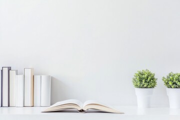 Poster - capture elegantly styled modern bookshelf containing various books with open book set down in front small indoor plants