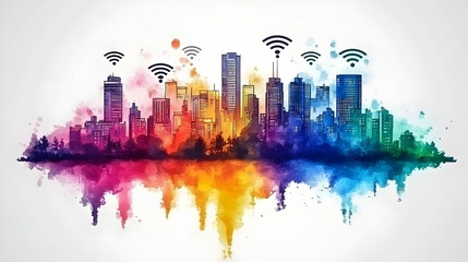 Poster - Colorful city skyline, wireless network