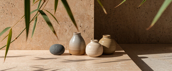 Aufkleber - Three small ceramic vases and a stone sphere rest on a beige stone surface, partially obscured by bamboo leaves, creating a minimalist, tranquil scene showcasing a natural aesthetic