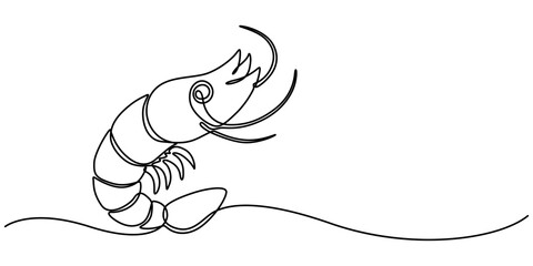 Poster - Continuous Line Drawing of Sea Food Icon. Hand Drawn Symbol Vector Illustration, Continuous one line drawing of fresh shrimp for seafood logo icon vector illustration. Pro vector, minimalist design.