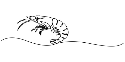 Poster - Continuous Line Drawing of Sea Food Icon. Hand Drawn Symbol Vector Illustration, Continuous one line drawing of fresh shrimp for seafood logo icon vector illustration. Pro vector, minimalist design.