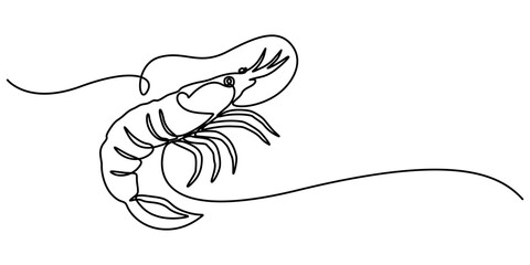Poster - Continuous Line Drawing of Sea Food Icon. Hand Drawn Symbol Vector Illustration, Continuous one line drawing of fresh shrimp for seafood logo icon vector illustration. Pro vector, minimalist design.
