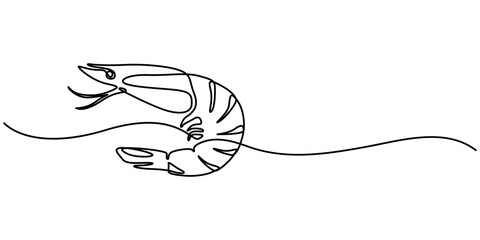 Poster - Continuous Line Drawing of Sea Food Icon. Hand Drawn Symbol Vector Illustration, Continuous one line drawing of fresh shrimp for seafood logo icon vector illustration. Pro vector, minimalist design.
