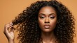 © Qbertstudio - Black woman with curly hair poses confidently Neutral background highlights beauty Themes of empowerment and self expression