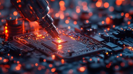 Poster - Robotic arm precisely installing a glowing microchip onto a circuit board