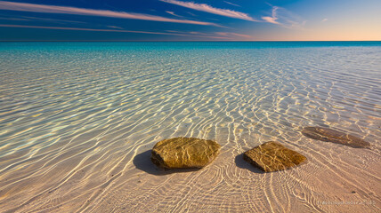 Poster - Shallow, clear water shows sandy bottom, sunlight reflecting, two submerged rocks visible, serene beach scene, evokes tranquility and peace
