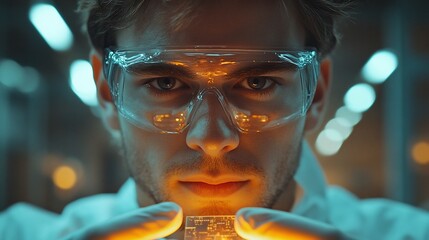Poster - Scientist examining glowing microchip in lab