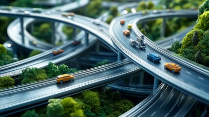 Aufkleber - Miniature highway system, winding roads, trees, vehicles. Possible stock photo use