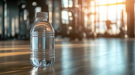 Poster - Minimalist water bottle stands prominently in a gym setting with warm sunlight streaming through large windows at dawn or dusk