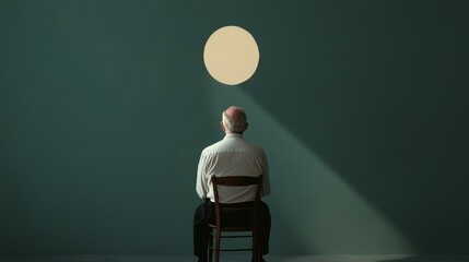 Poster - Contemplative Man in White Shirt Sitting on Chair with Strong Light Source in Minimalist Setting