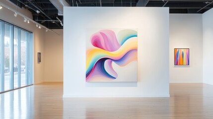 Poster - Abstract Painting Displayed in Modern Art Gallery with Colorful Swirls Creating a Vibrant Atmosphere