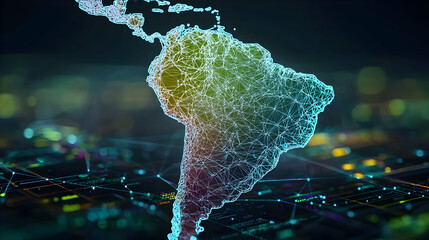 Poster - Digital Map Of South America With Futuristic Glowing Blue And Green Lights In 3D