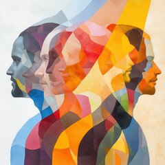 Poster - Abstract Representation of Social and Cultural Change Through Vibrant Colors and Layers of Human Faces
