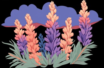Poster - Vibrant Abstract Floral Illustration Featuring Lush Colorful Blooms Against a Bold Background with Leafy Accents and Soft Cloud Elements