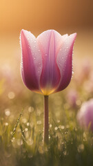 Poster - Close-up of dew-covered pink tulip, showcasing delicate petals and stem against a blurred background of grass Light symbolizes freshness, springtime, and natural beauty