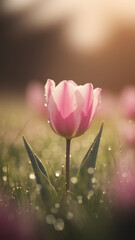 Poster - Pink tulip covered in dew, bathed in soft morning light, showcasing delicate petals and vibrant color, representing spring, freshness, and new beginnings