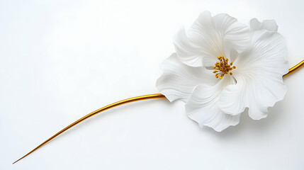 Poster - White Artificial Flower with Golden Stem on White Background in Studio Shot Displaying Delicate Petal Structure