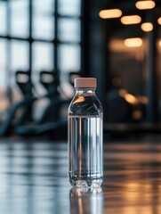 Poster - Minimalist transparent water bottle in a blurred gym setting with ample space for text and a clean, modern aesthetic for fitness enthusiasts