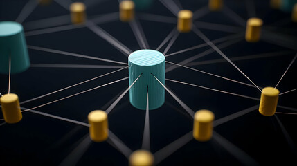Poster - Interconnected Network Nodes With Teal And Gold Cylindrical Elements On Dark Background Visualizing Data Flow In A Complex System