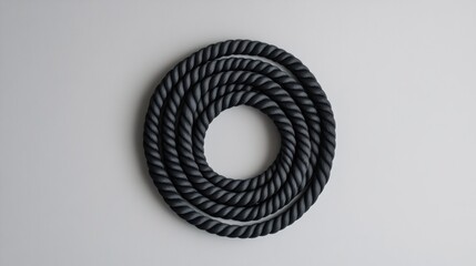 Poster - Black jump rope coiled in a spiral resting on a smooth grey background with minimalist design and ample negative space