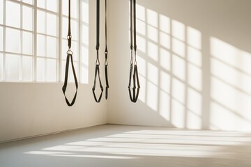 Aufkleber - Minimal fitness straps hang from the ceiling in a bright space featuring geometric balance and thoughtful composition