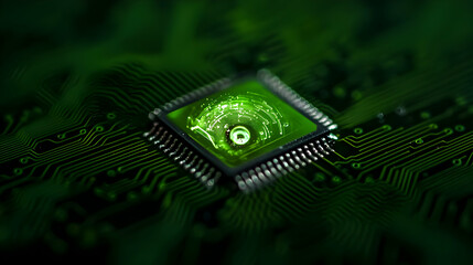 Poster - close up of green illuminated microchip on circuit board with intricate connections in dark environm