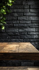 Poster - Richly textured brown wooden table stands ready for use, illuminated by softened light in a calm indoor setting. A backdrop of dark stone adds depth to the inviting atmosphere