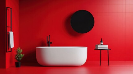 Poster - A white bathtub sits in a red bathroom with a black mirror above it