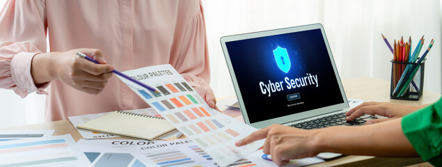 Poster - cyber security system on computer screen protect private information brisk from hacker and cyber att