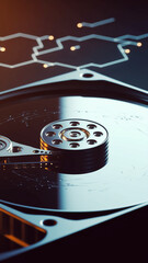 Poster - Close-up of hard drive platter and read/write head, showcasing intricate mechanics, representing data storage, technology, and digital information