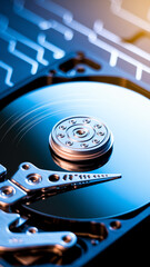 Poster - Close-up of hard drive platter and read/write head, showcasing internal computer components, representing data storage and technology, ideal for tech concepts
