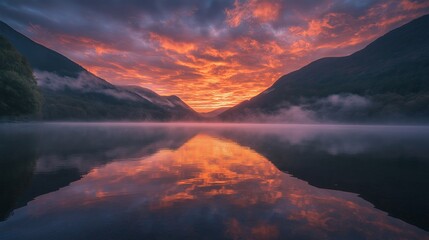 Poster - A serene mountain lake reflecting a vibrant sunrise, with mist gently rising