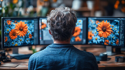 Poster - A professional developer in glasses working late at night on a multi-monitor setup with a futuristic and glowing screens